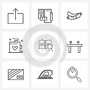 Modern Vector Line Illustration of 9 Simple Line Icons of search, valentine, frankfurter, love, cup