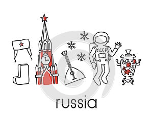 Modern vector line illustration Russia with famous russian symbols: Spasskaya Kremlin tower, soviet cosmonaut, ushanka hat, boots, photo