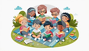 Diverse kids reading books in the park, teamwork, sharing, and learning, vibrant flat design, isolated