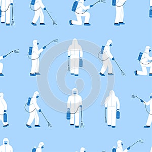 Modern vector seamless pattern in flat style. Endless texture with people in white hazmat suits isolated on blue