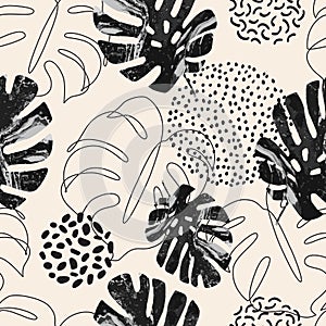 Modern vector seamless pattern: one line art, marble silhouettes of monstera leaves, geometric shapes