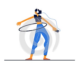 Modern vector sport illustration. Girl twists a hoop and listen to music.