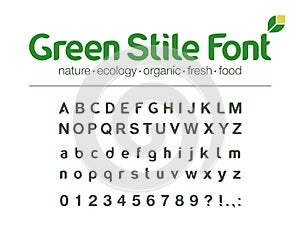 Modern vector typeface. Universal font. Food, drink, organic, nature, green energy, bio medicine abc. Product eco