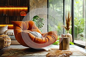Modern Velvet Swivel Chair in Elegant Interior. photo