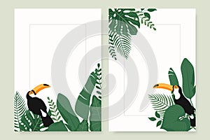 Modern vertical banners set with tropical leaves and Toucan bird.