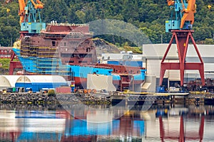 Modern vessel being built at shipyard