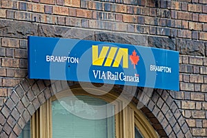 VIA Rail Sign On The Historic Brampton Train Station