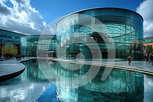 A modern view of Urbis in Manchester, highlighting its architectural features