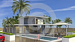 Modern villa, architecture and design. Outdoor swimming pool and garden with plants.