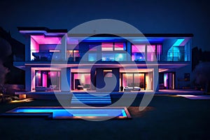 Modern villa with colored led lights at night generated AI