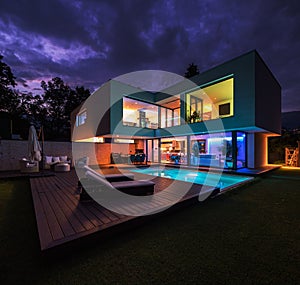 Modern villa with colored led lights at night photo