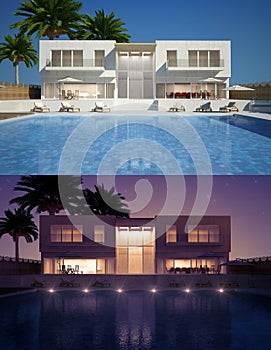 Modern villa day and night view