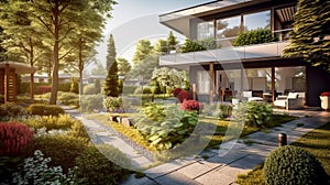 Modern villa exterior, luxury residential house with big windows at sunset, generative AI