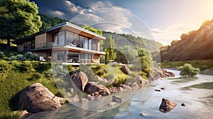 Modern villa in forest, scenery of luxury house by mountain river