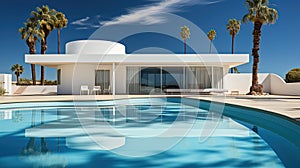 Modern villa with large terrace and swimming pool. Luxurious and minimalistic design. Generative AI