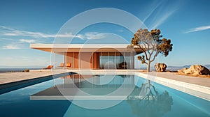 Modern villa with large terrace and swimming pool. Luxurious and minimalistic design. Generative AI