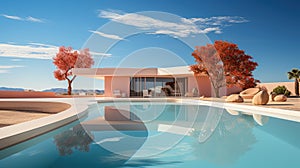 Modern villa with large terrace and swimming pool. Luxurious and minimalistic design. Generative AI