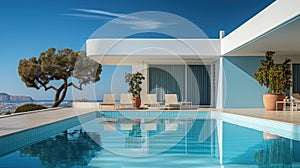 Modern villa with large terrace and swimming pool. Luxurious and minimalistic design. Generative AI