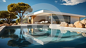 Modern villa with large terrace and swimming pool. Luxurious and minimalistic design. Generative AI