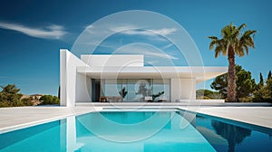 Modern villa with large terrace and swimming pool. Luxurious and minimalistic design. Generative AI