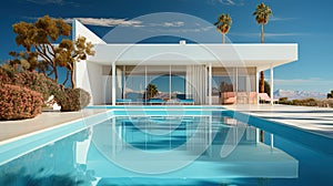 Modern villa with large terrace and swimming pool. Luxurious and minimalistic design. Generative AI