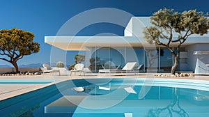 Modern villa with large terrace and swimming pool. Luxurious and minimalistic design. Generative AI