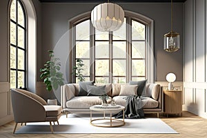 Modern villa living room design interior, beige furniture, bright walls, hardwood flooring, sofa, armchair with lamp, AI generated