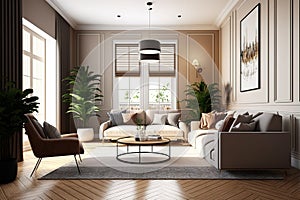 Modern villa living room design interior, beige furniture, bright walls, hardwood flooring, sofa, armchair with lamp, AI generated