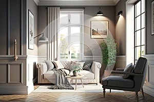Modern villa living room design interior, beige furniture, bright walls, hardwood flooring, sofa, armchair with lamp, AI generated