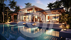 Modern villa, luxury house with pool and tropical plants at night