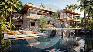 Modern villa, luxury house with pool and tropical plants in summer