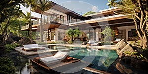 Modern villa, luxury house with pool and tropical plants in summer