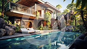 Modern villa, luxury rich house with pool and rocks in summer