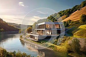Modern villa in mountain, luxury house by river in summer