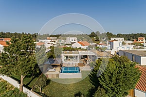 Modern villa with pool and deck with interior