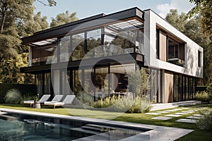 Modern villa with pool and deck with interior