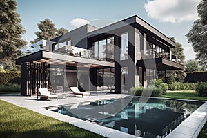 Modern villa with pool and deck with interior