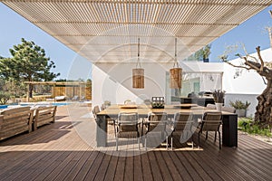 Modern villa with pool and deck with interior