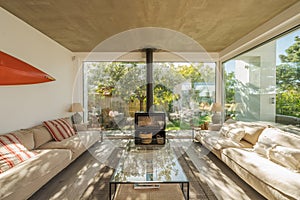 Modern villa with pool and deck with interior