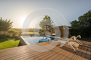 Modern villa with pool and deck with interior