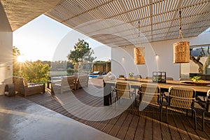 Modern villa with pool and deck with interior