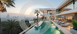 Modern villa with pool overlooking city skyline at dusk