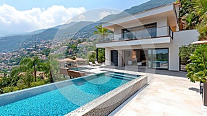 Modern villa pool overlooking mountain town