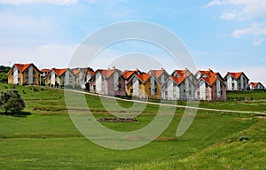 A modern village on the foothills in the Shamakhi region of the Azerbaijan Republic in spring