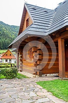 Modern village of historic wooden buildings in the small town in Liptov region, Slovakia