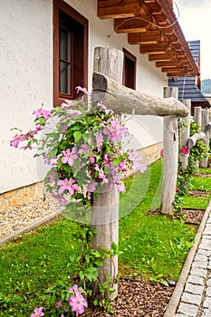 Modern village of historic wooden buildings in the small town in Liptov region, Slovakia