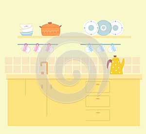 Modern vintage kitchen interior design background. Place at home for cleaning and washing. Yellow counter with drawers