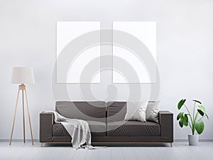 Modern vintage living room. Brown leather sofa on a grey wooden floor and light wall. 3D render.