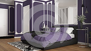 Modern violet colored bedroom in classic room with wall moldings, parquet, double bed with duvet and pillows, minimalist bedside