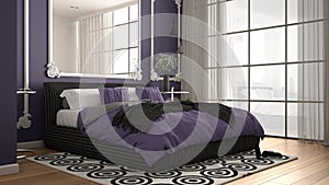 Modern violet colored bedroom in classic room with wall moldings, parquet, double bed with duvet and pillows, minimalist bedside